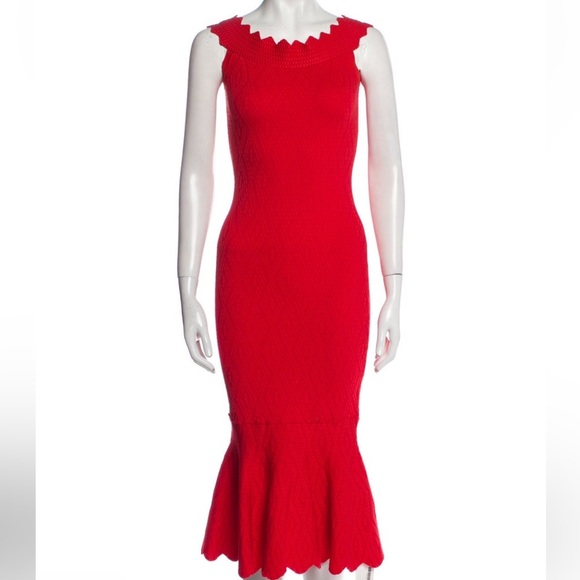 Jonathan Simkhai Red  Knit Off The Shoulder Diamond Print Jacquard Mermaid Dress - Picture 6 of 8